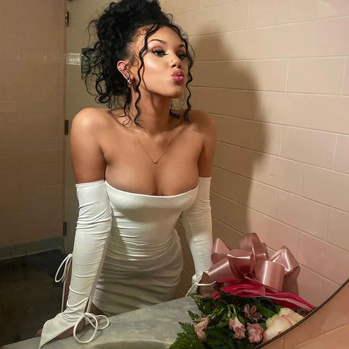 Sexy Off Shoulder Long Sleeve Pleated Tight Fit Dress for Women Party Club Evening